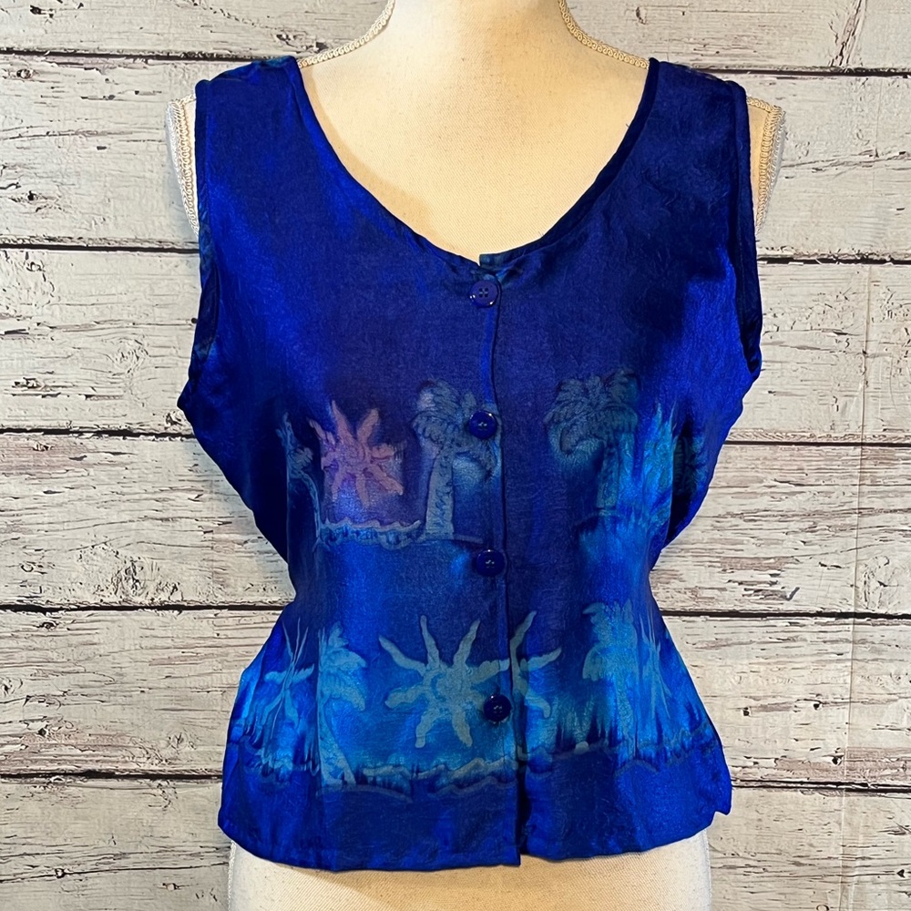 RIMA Women's Vintage 80's/90's Batik Tropical Print Tank Top Blue/Multi-Medium